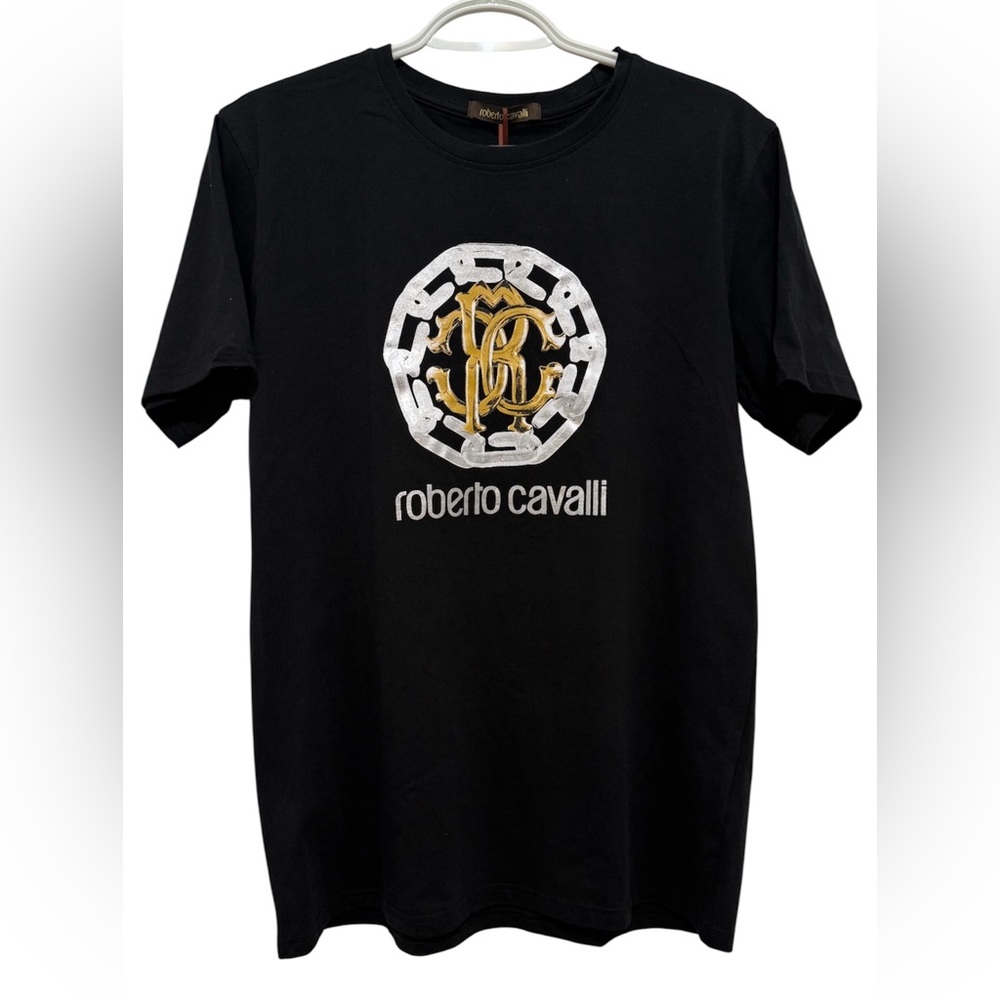 NWT Roberto Cavalli 100% Cotton Black T-shirt with Gold Silver Logo Size L